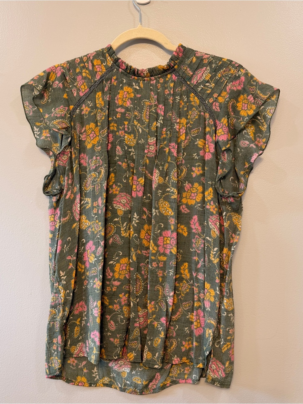 Nanette Lepore Sage Green Floral Button-Up Top with Pink & Yellow Blooms size XL